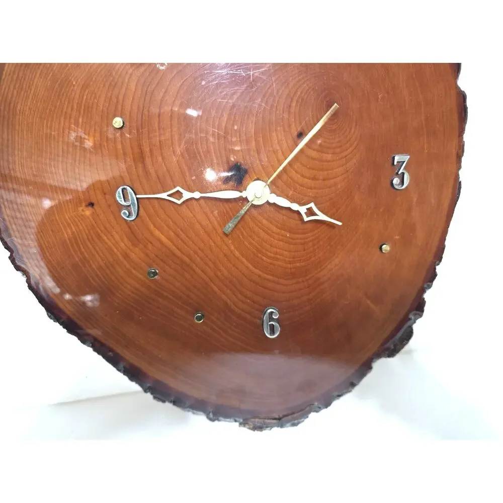 Vintage Natural Live Edge Wood Slab Wall Clock Handcrafted Tested Works